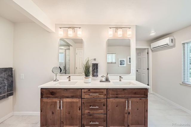 14505 W 52nd Ave, Arvada, CO 80002 - bathroom featuring a wall mounted AC, double vanity, baseboards, and a shower stall
