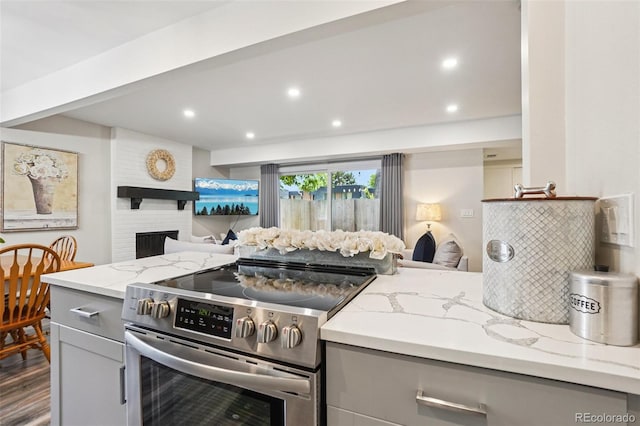 7995 E Mississippi Ave Unit F23, Denver, CO 80247 - kitchen with stainless steel range with electric cooktop, gray cabinetry, open floor plan, light stone countertops, and recessed lighting