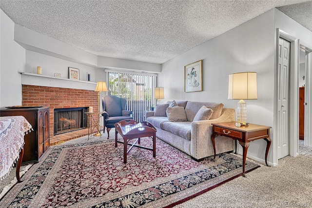 14226 E 1st Dr Unit B10, Aurora, CO 80011 - carpeted living room with a textured ceiling and a brick fireplace