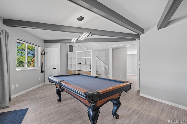 game room with baseboards, beamed ceiling, billiards, and light wood-style floors