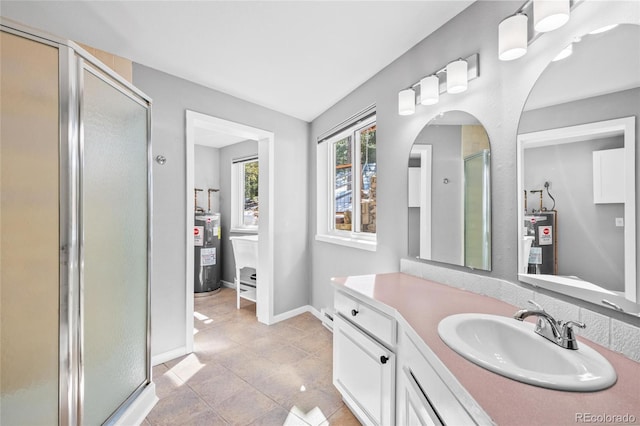 bathroom with a stall shower, electric water heater, vanity, and baseboards