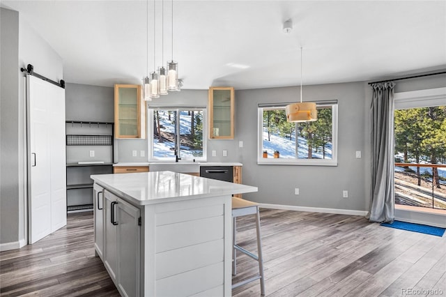 kitchen with a barn door, a kitchen island, light countertops, dark wood finished floors, and glass insert cabinets