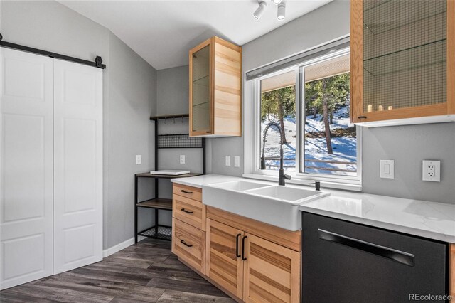 kitchen with a barn door, dark wood finished floors, dishwasher, glass insert cabinets, and a sink