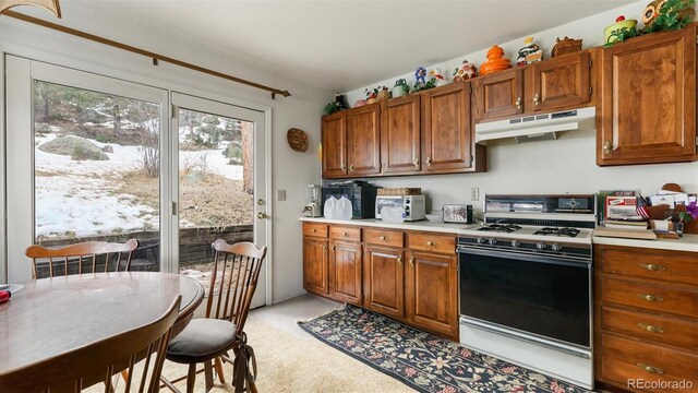 kitchen featuring white range with gas stovetop