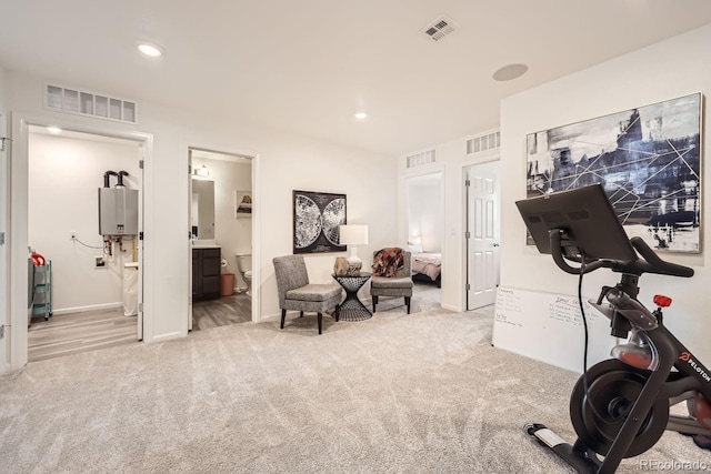 21613 E 59th Pl, Aurora, CO 80019 - workout room featuring tankless water heater, carpet, and recessed lighting