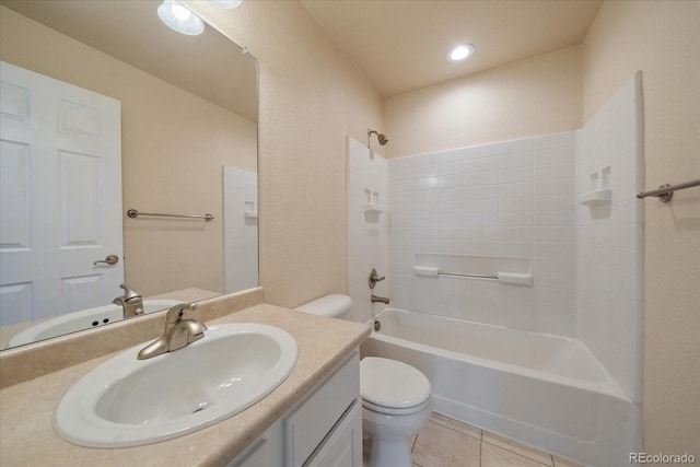 full bathroom with toilet, vanity, tile patterned floors, and  shower combination