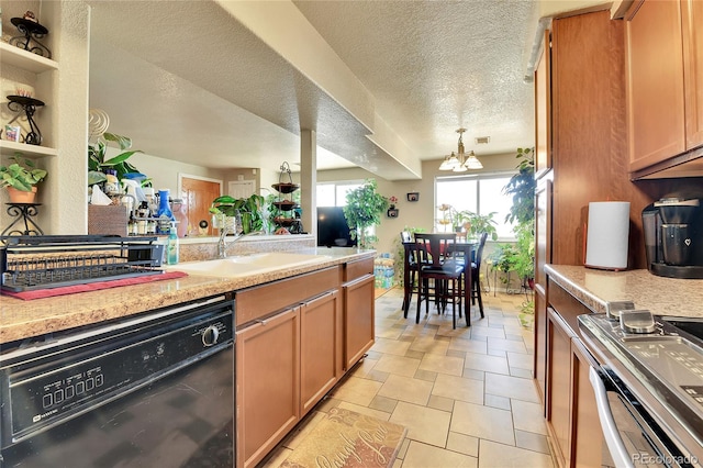 kitchen with dishwasher, stainless steel stove, sink, a chandelier, and a textured ceiling