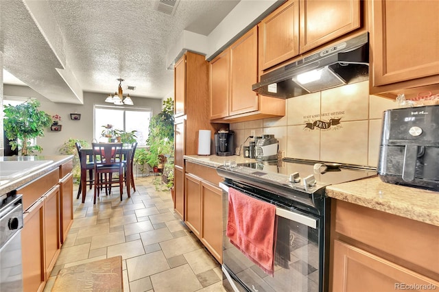 kitchen with backsplash, a textured ceiling, black / electric stove, dishwasher, and sink