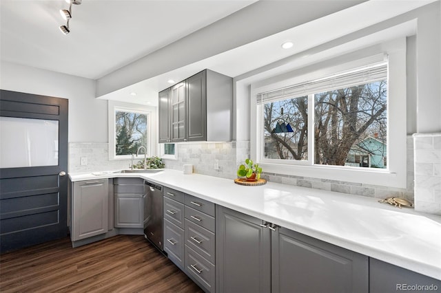 kitchen with dishwasher, gray cabinetry, dark hardwood / wood-style flooring, and decorative backsplash