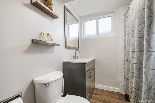 bathroom featuring hardwood / wood-style flooring, vanity, walk in shower, and toilet