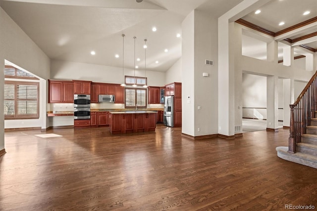 kitchen featuring appliances with stainless steel finishes, open floor plan, dark wood-type flooring, and plenty of natural light