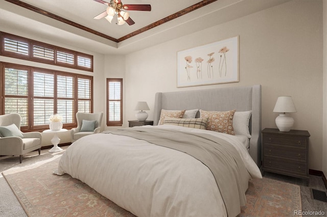 bedroom featuring light carpet, ceiling fan, ornamental molding, and visible vents