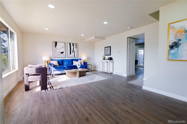 living room featuring dark wood-type flooring