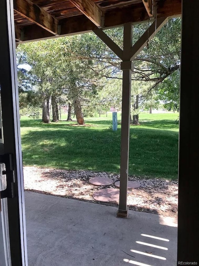 view of green lawn with a patio area