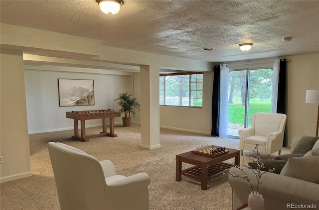 10369 E Red Mtn, Littleton, CO 80127 - living area with a textured ceiling, light carpet, and baseboards