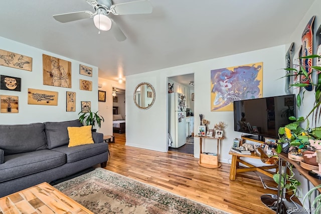 5424 Saulsbury Ct, Arvada, CO 80002 - living area featuring wood finished floors, ceiling fan, and baseboards