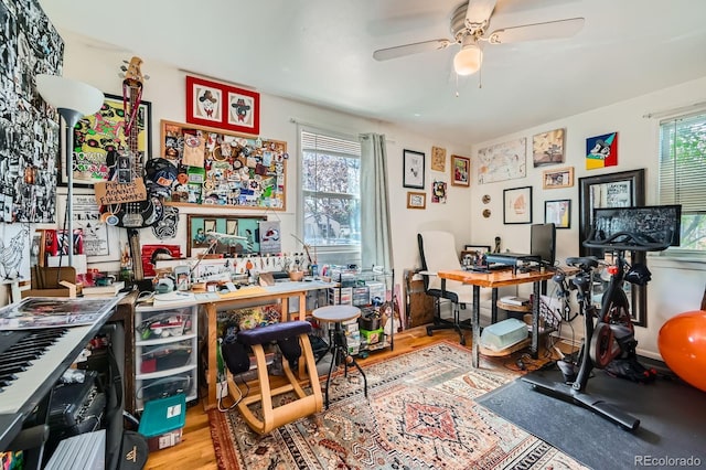 5424 Saulsbury Ct, Arvada, CO 80002 - office space with plenty of natural light, a ceiling fan, wood finished floors, and a workshop area
