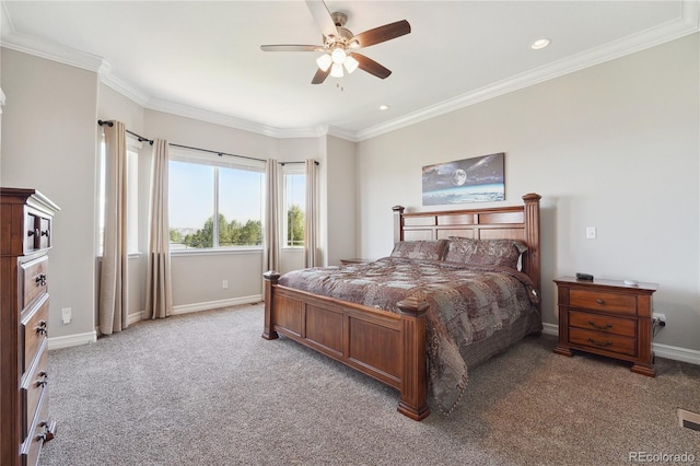 bedroom featuring ceiling fan, ornamental molding, and light colored carpet