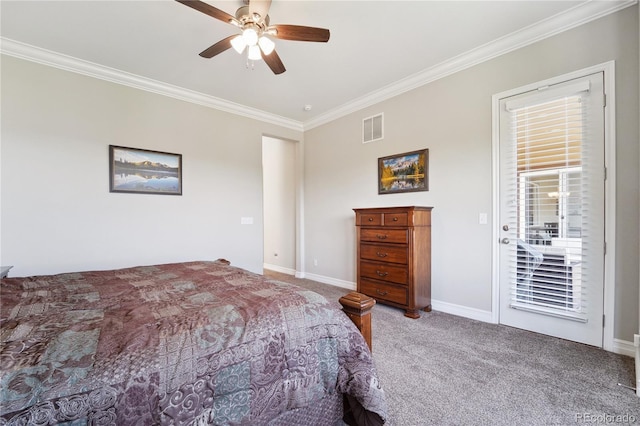 carpeted bedroom with ornamental molding, access to exterior, and ceiling fan