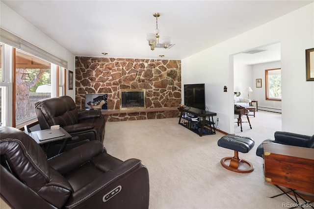 2900 S Golden Way, Denver, CO 80227 - carpeted living room featuring a baseboard heating unit, healthy amount of natural light, a chandelier, and a fireplace