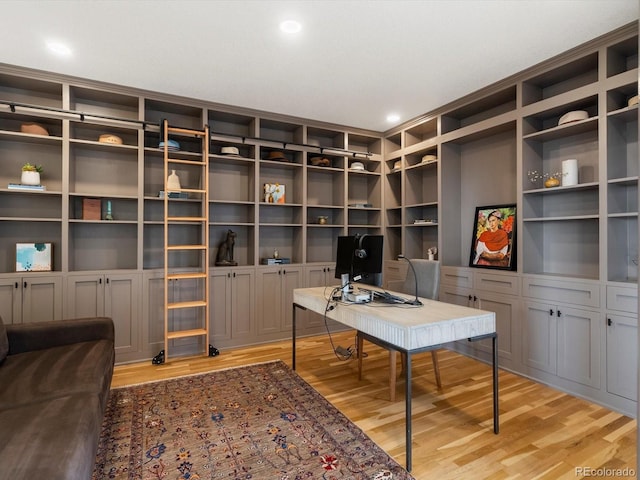 43 Falcon Hills Dr, Highlands Ranch, CO 80126 - home office with recessed lighting, light wood finished floors, and built in shelves