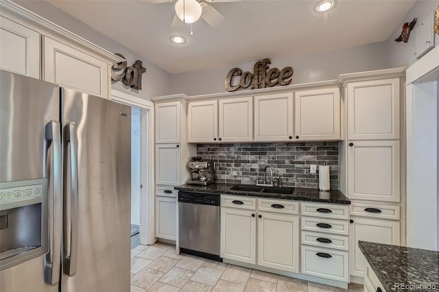 3259 Lowell Blvd, Denver, CO 80211 - kitchen featuring appliances with stainless steel finishes, dark stone counters, decorative backsplash, a ceiling fan, and recessed lighting