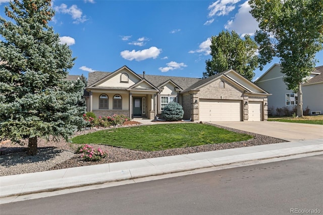 view of front of property featuring an attached garage, brick siding, concrete driveway, and a front yard