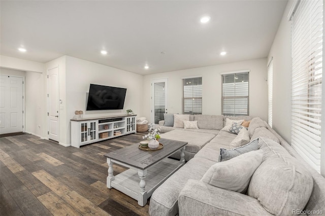9723 Bennett Peak St, Littleton, CO 80125 - living room featuring dark wood-style flooring, recessed lighting, and baseboards