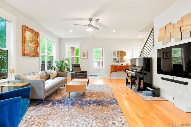 4414 Wolff St, Denver, CO 80212 - living area featuring a ceiling fan, wood finished floors, and recessed lighting