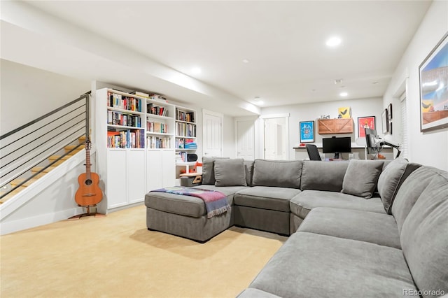 4414 Wolff St, Denver, CO 80212 - living room featuring light colored carpet, recessed lighting, and stairs