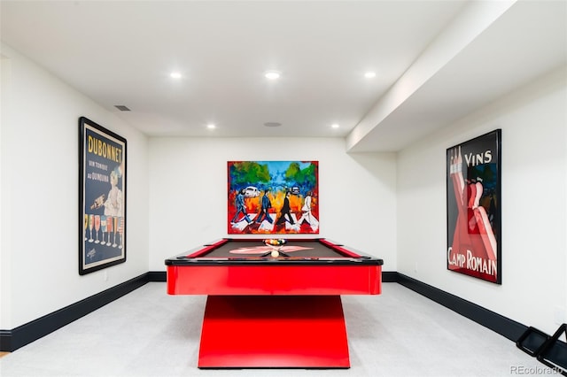 playroom featuring baseboards, carpet, recessed lighting, and billiards