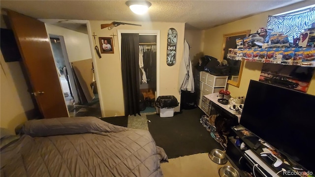 bedroom with carpet, a closet, and a textured ceiling