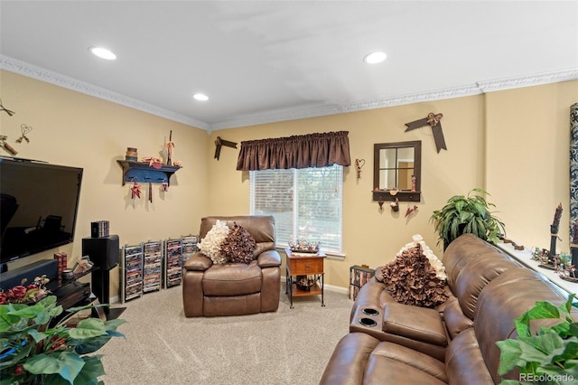 5975 S Walden Ct, Aurora, CO 80016 - living room featuring recessed lighting, carpet floors, and crown molding