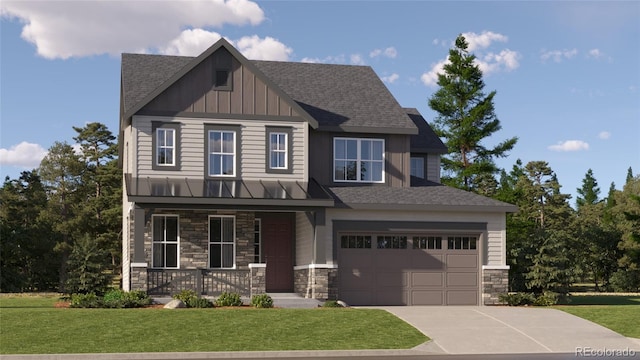 craftsman-style house featuring a porch, a garage, and a front lawn