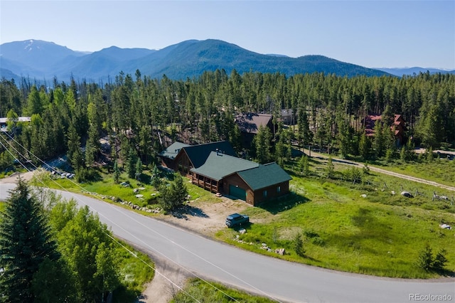 drone / aerial view featuring a mountain view