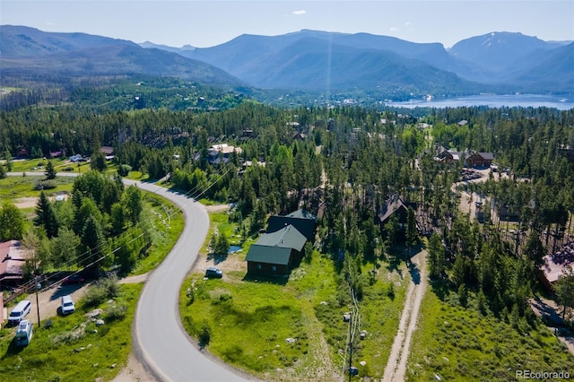 birds eye view of property featuring a water and mountain view