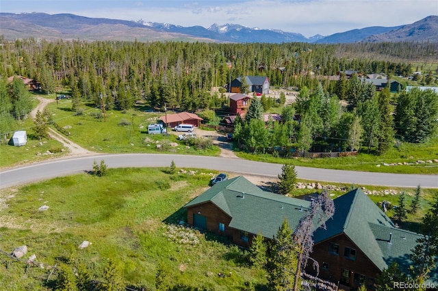 drone / aerial view featuring a mountain view