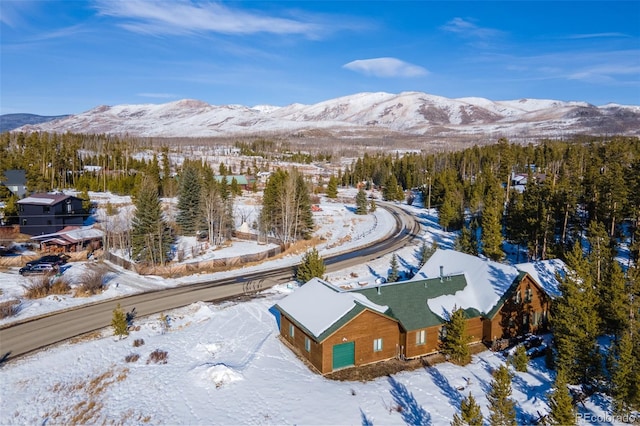 snowy aerial view with a mountain view