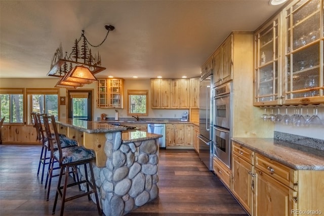 kitchen with dark wood-type flooring, a breakfast bar, dark stone countertops, and stainless steel appliances