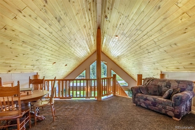 additional living space with carpet floors, wood ceiling, and lofted ceiling