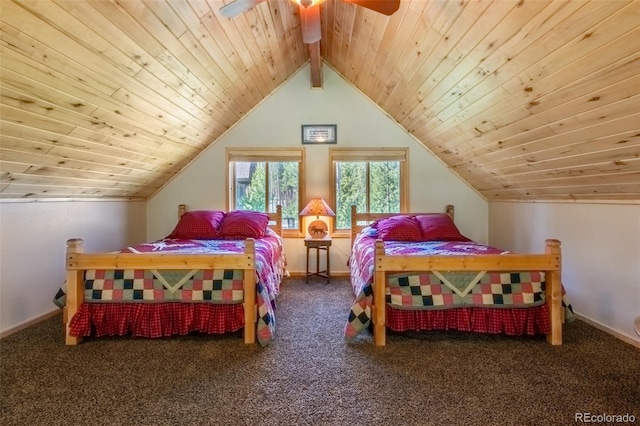 bedroom featuring vaulted ceiling, dark carpet, and wooden ceiling