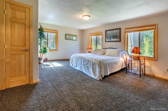 carpeted bedroom with a textured ceiling