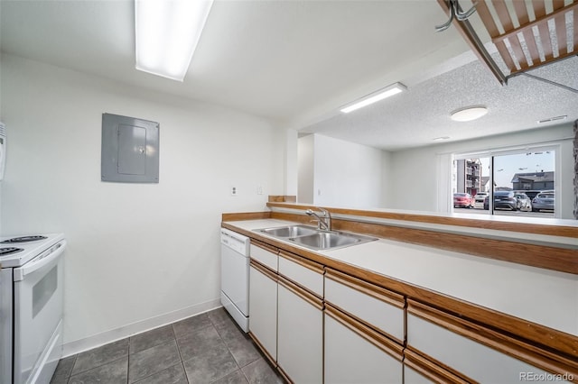 kitchen featuring a sink, electric panel, white cabinets, white appliances, and light countertops
