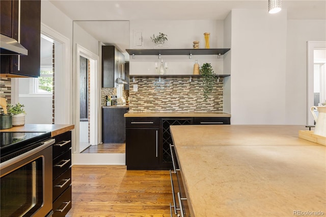 3743 N Yates St, Denver, CO 80212 - kitchen featuring stainless steel electric range, tasteful backsplash, light wood finished floors, and light countertops