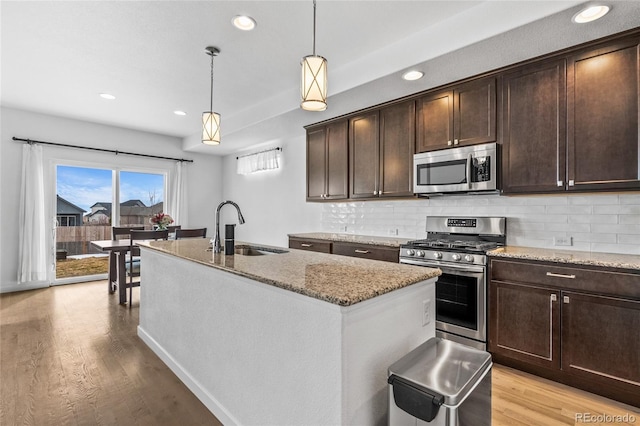 kitchen with stainless steel appliances, light wood-style floors, a sink, and backsplash