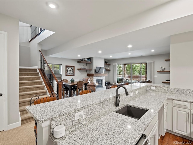 10553 Fairhurst Way, Highlands Ranch, CO 80126 - kitchen with a sink, a glass covered fireplace, light stone countertops, open shelves, and recessed lighting