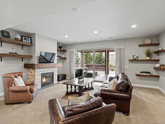 10553 Fairhurst Way, Highlands Ranch, CO 80126 - living area with carpet floors, baseboards, a fireplace, and recessed lighting