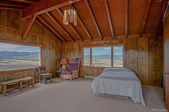 carpeted bedroom with a baseboard radiator, wooden walls, lofted ceiling with beams, and wood ceiling