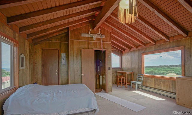 unfurnished bedroom featuring wood ceiling, lofted ceiling with beams, wood walls, baseboard heating, and light carpet