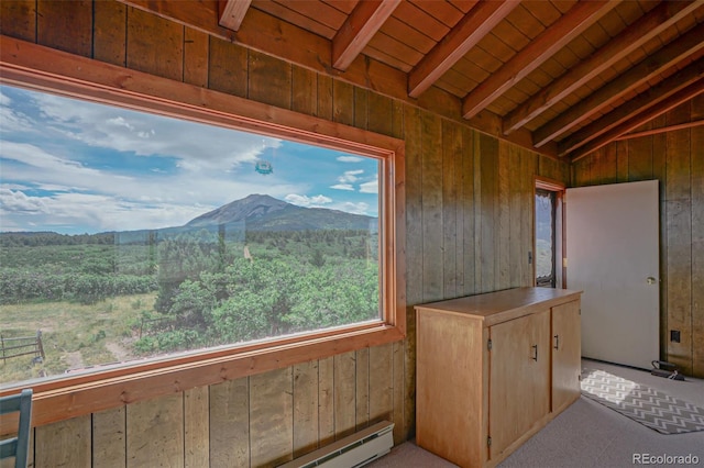 interior space featuring lofted ceiling with beams and wood walls